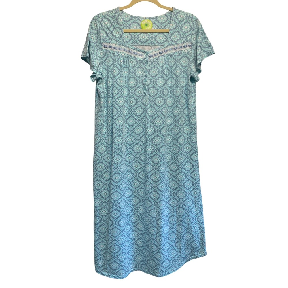 White Orchid Nightgown Large Blue Geometric Medallion Lace Trim Short Sleeve